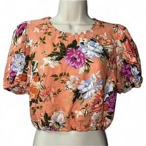Rachel Roy Floral Cropped Top Linen Blend Peach Multi Size M Cottagecore